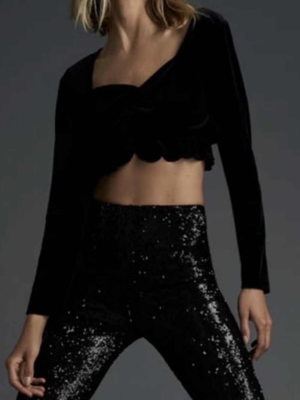 Zara Black Velvet Cropped Button-Up Top
